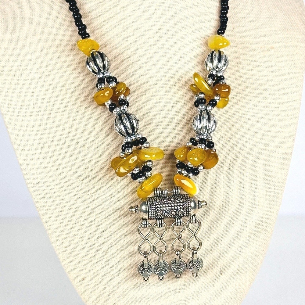 Vintage Boho Tribal Necklace Amber Yellow Beads Silver Tassel‎ Pendant Jewelry